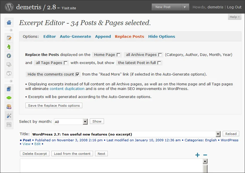 WordPress Excerpt Editor 1.3, Options, Replace Posts