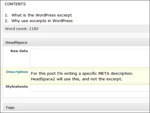 HeadSpace2, Writing a specific META description for a post or page