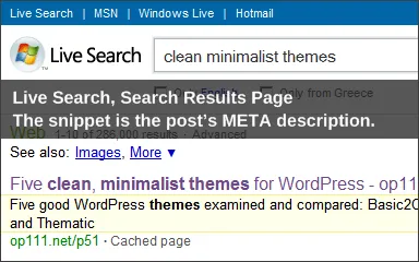 Live Search, part of search results for “clean minimalist themes”, snippet highlighted
