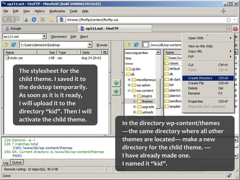 Making a directory on the server for the child theme