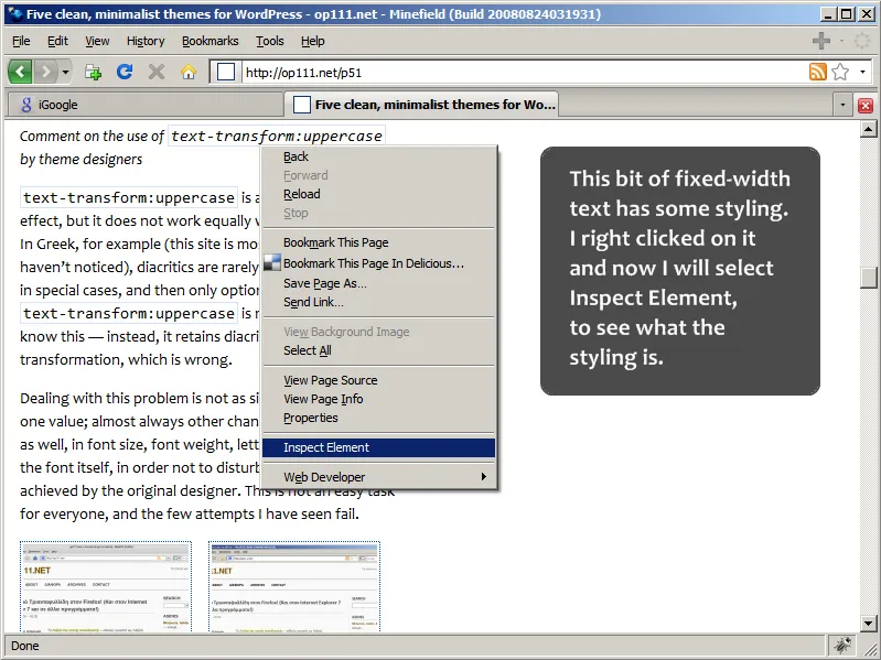 Firebug, Step 1: Right-clicking on some text to inspect its styling