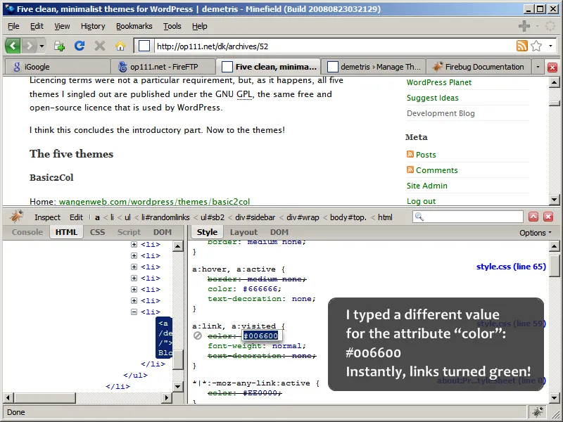 Trying another color for links in Firebug
