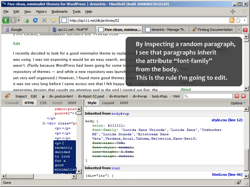 Looking with Firebug for the rule controlling fonts
