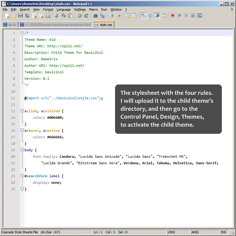 The stylesheet of the child theme in Notepad++