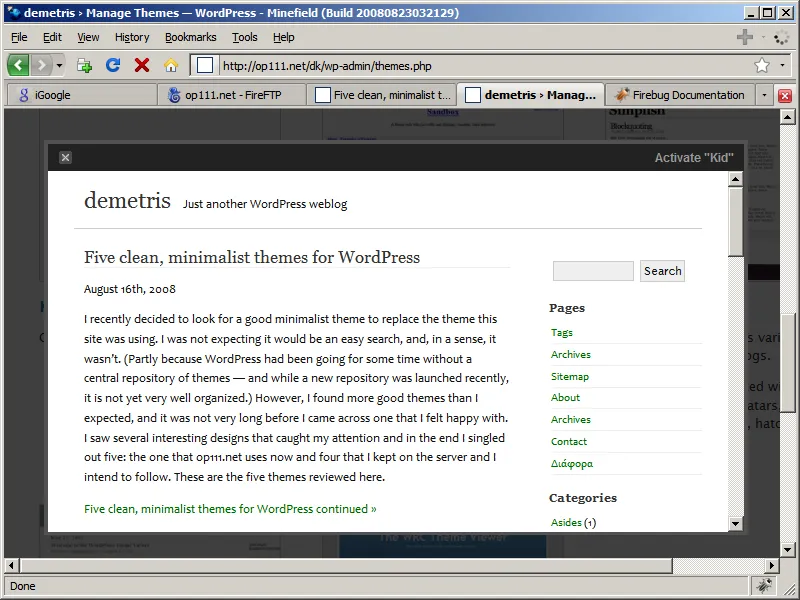 Previewing the new child theme before activating it. It seems OK!