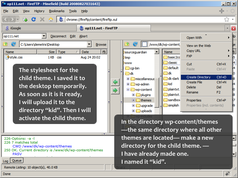 Making a directory on the server for the WordPress child theme