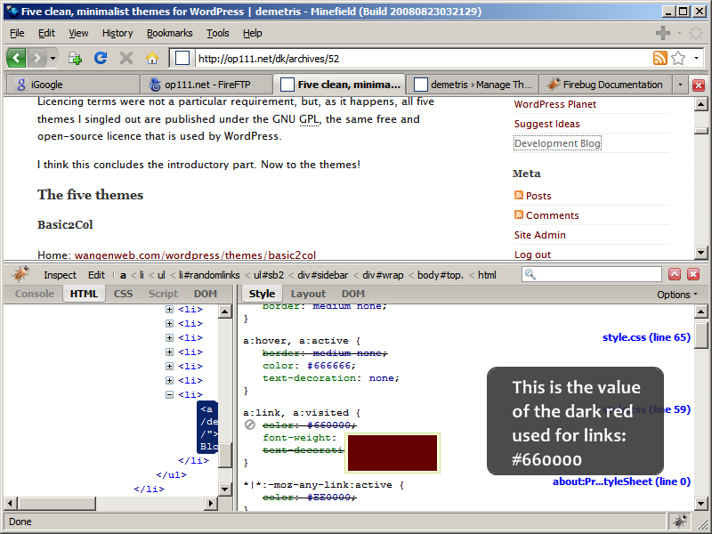 Inspecting the styling of links with Firebug