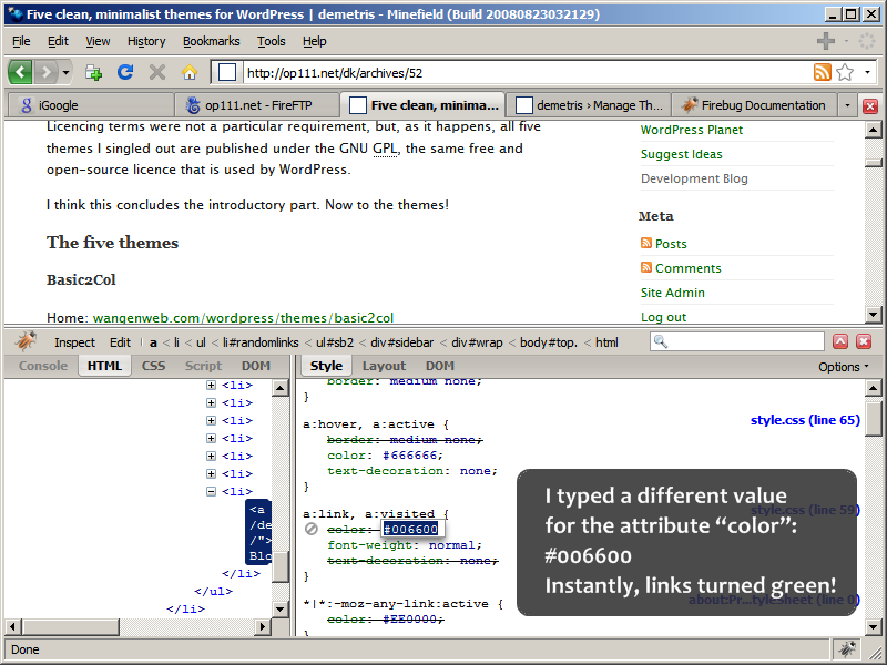 Trying another color for links in Firebug