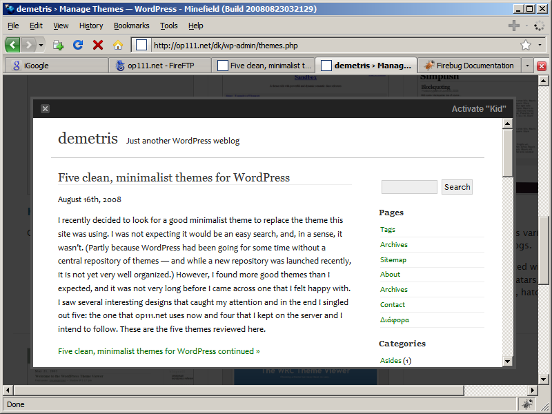 Previewing the new child theme before activating it. It seems OK!