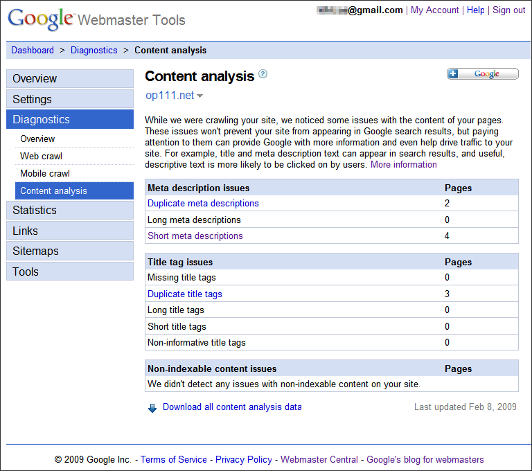 Google Webmaster Tools, Diagnostics, Content analysis, Meta descriptions